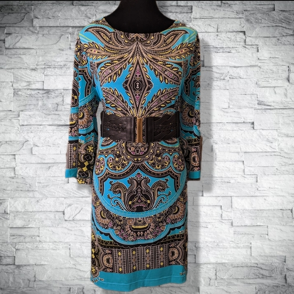 Teal Turquoise Stretch Mini Dress 3/4 Sleeves Boat Neck Flattering Fit D10 - Picture 3 of 11